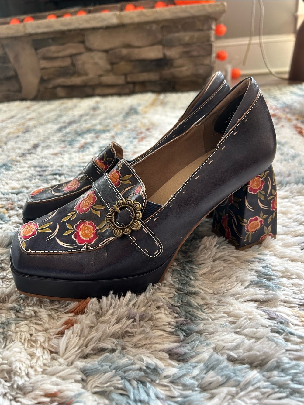 Floral Embroidered Black Platform Heels with Buckle